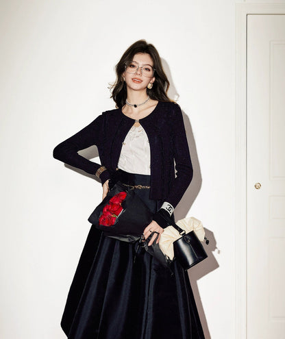 CHICHY French Hepburn style black A-line high-waisted long skirt-ROAN