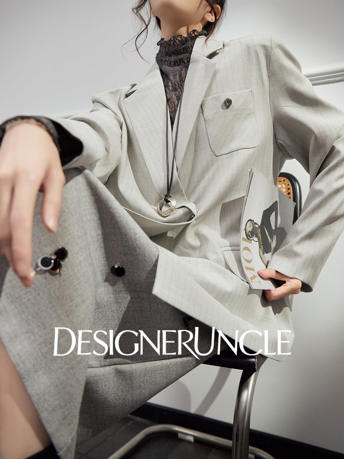 DGU|Gray striped high-end loose design fashionable slimming suit jacket - Louis.