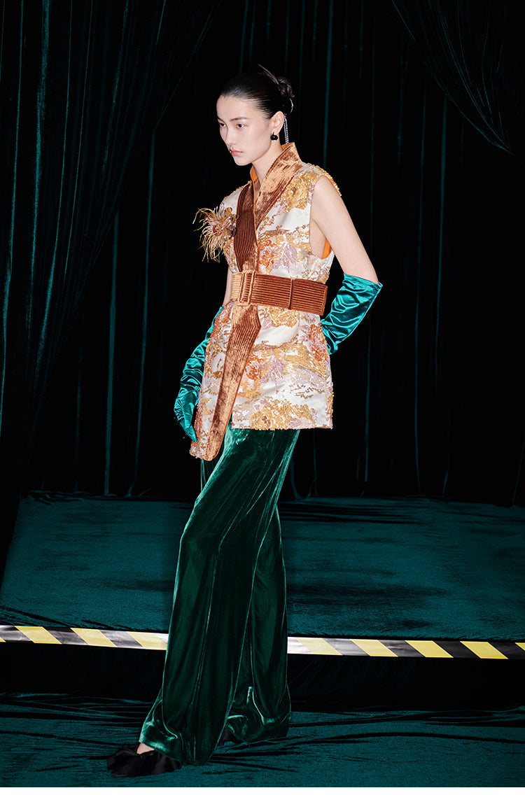 M essential Mackay designer quilted wide belt placket vest pant set- indira