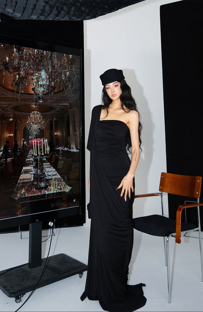 MEI SANGUAN black square neck asymmetrical floor-length dress - AVERY