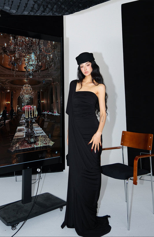 MEI SANGUAN black square neck asymmetrical floor-length dress - AVERY