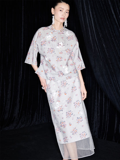 M essential Ma Kay designer Jinghe printed fabric floral nail beads top - JULY.