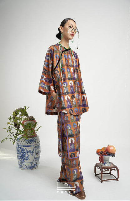 TUYUE Dunhuang mural satin print suit wide-leg pants- NICKY.