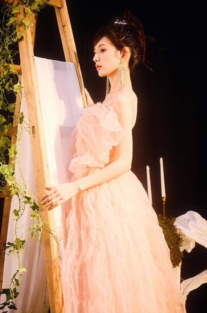 DOLLY Elegant Pink Sleeveless Big Bow Long Pleated Sequin Award Night Dress-CLEO  (V)