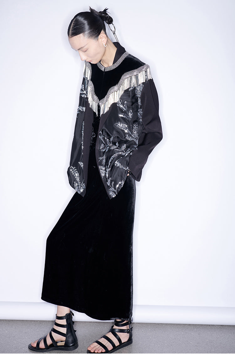 M essential Mackay designer silk-velvet crewneck tassel cape blazer dress set-  Benny.