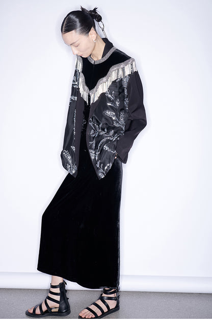 M essential Mackay designer silk-velvet crewneck tassel cape blazer dress set-  Benny.