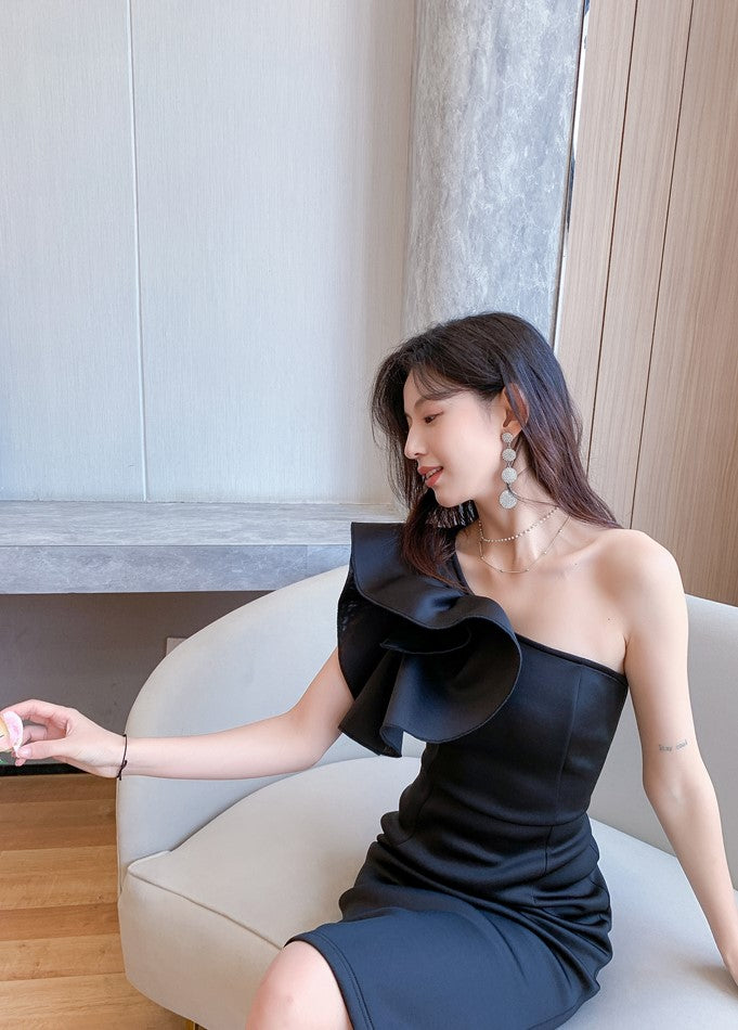 DOLLY Elegant Slant Collar Off Shoulder Petal Sleeves Dinner Dress-AMINA