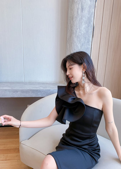 DOLLY Elegant Slant Collar Off Shoulder Petal Sleeves Dinner Dress-AMINA