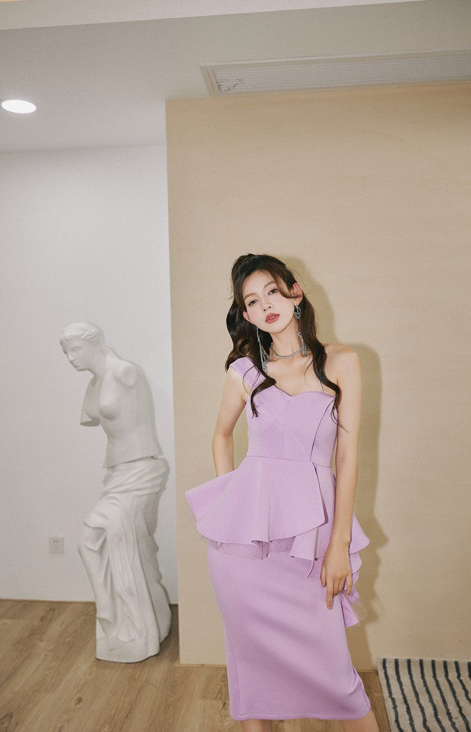 DOLLY High End Ruffled Fake Two Piece French Lace Off Shoulder Midi Office Dress-BRYONY