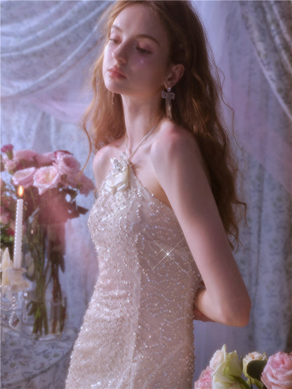 Wardrobes by Chen Luxury French Embroidered Butterfly Halter neck slick Dress- Kara