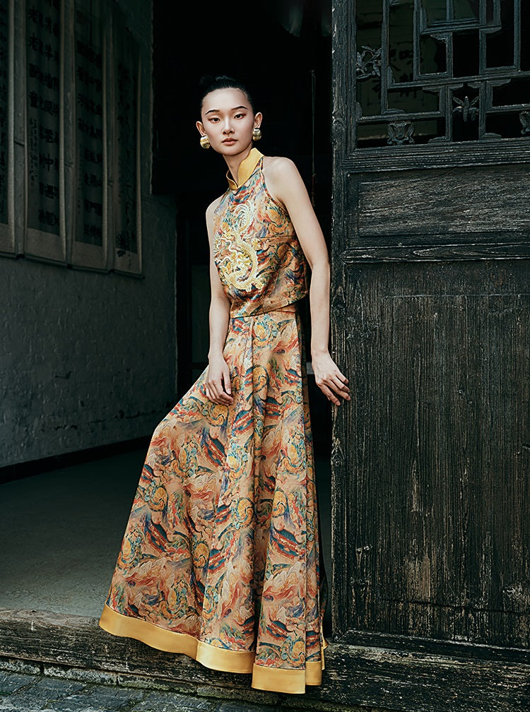 HECO Chinese Contrast Mural Big Swing Fishtail Skirt - MIGRO.