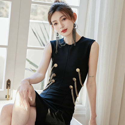 DOLLY Elegant Crew Neck Sleeveless Slim Fit Chain Short Formal Dinner Dress-JOANA