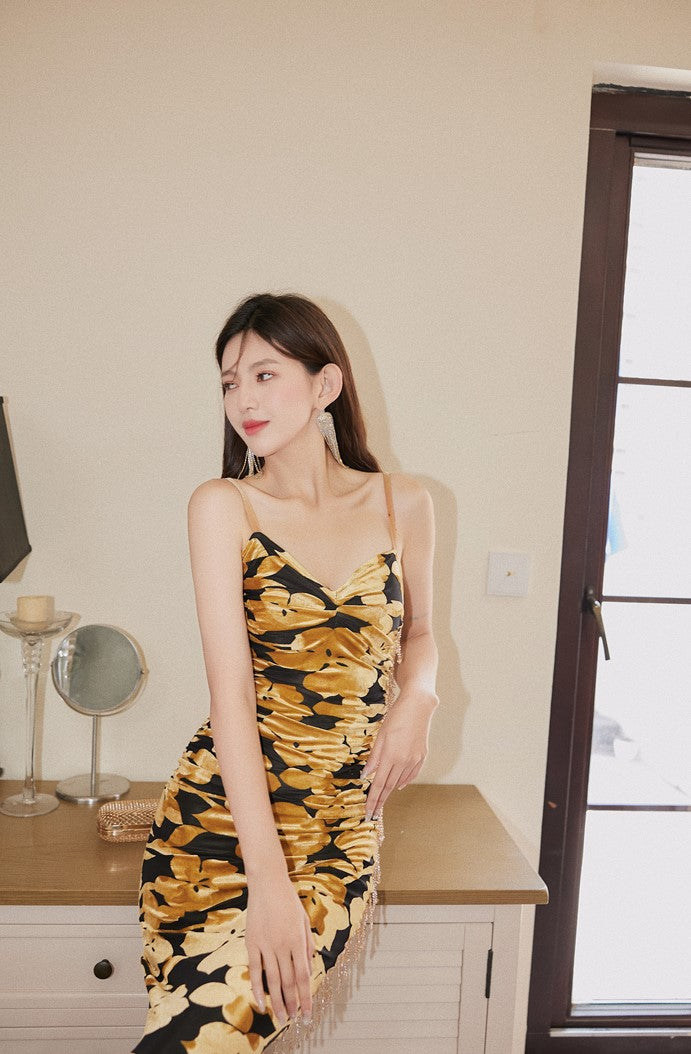 DOLLY Luxury Yellow French Style Sleeveless Pleated Print Suspender Dress-TATIANA