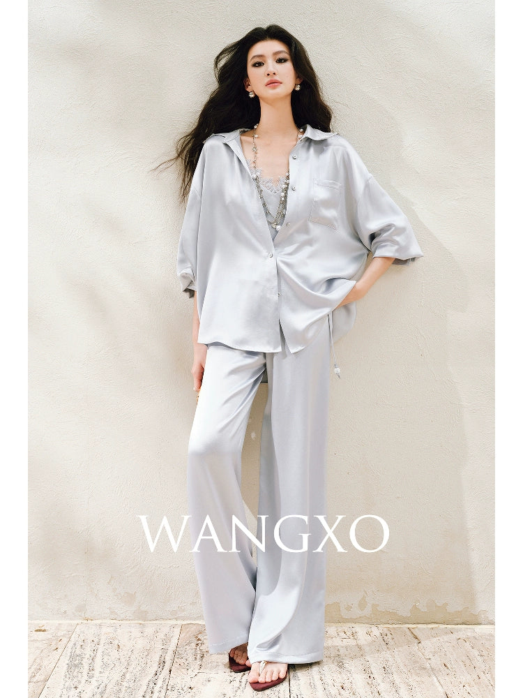 WANGXO | Hemp-Textured Acetate Satin  ight Luxury Lace Suspender, Shirt & Trousers Three-Piece Set- SARI