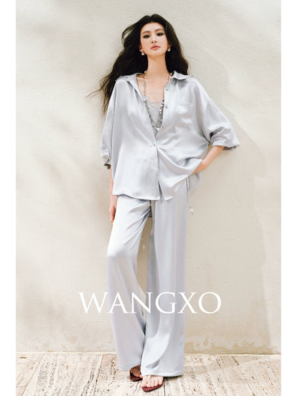 WANGXO | Hemp-Textured Acetate Satin  ight Luxury Lace Suspender, Shirt & Trousers Three-Piece Set- SARI