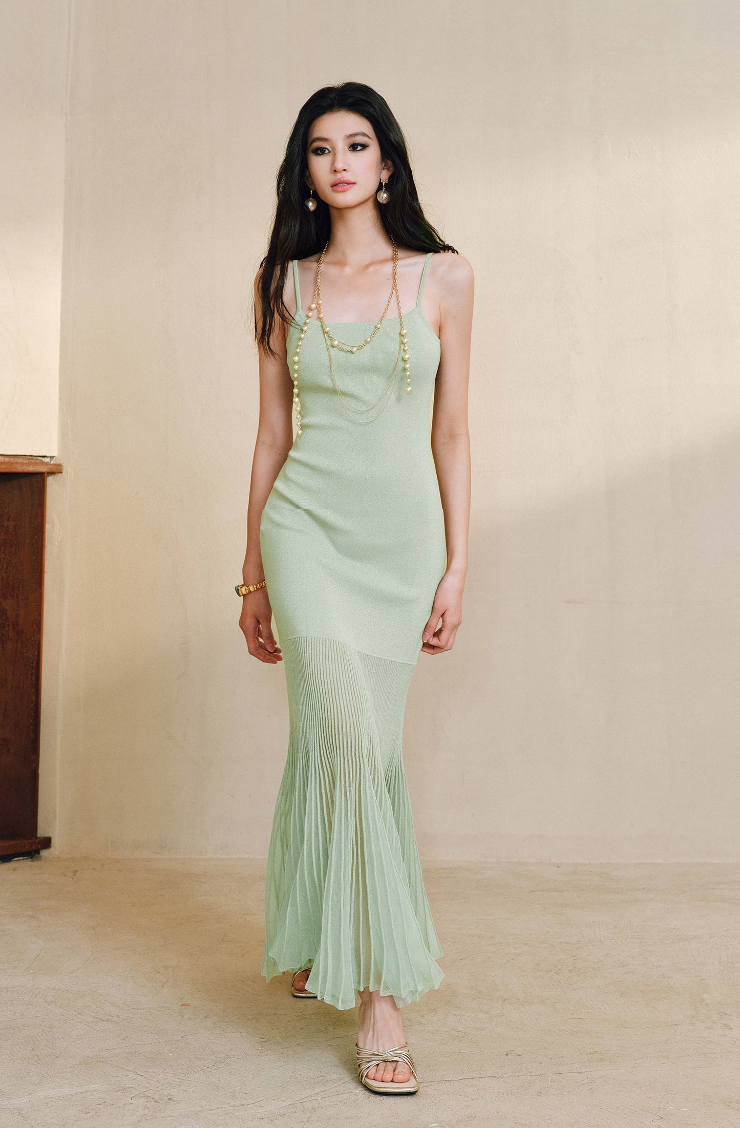 WANGXO | High-Quality Linen Tulle Temperament Suspender Fishtail Dress-LÉYA.