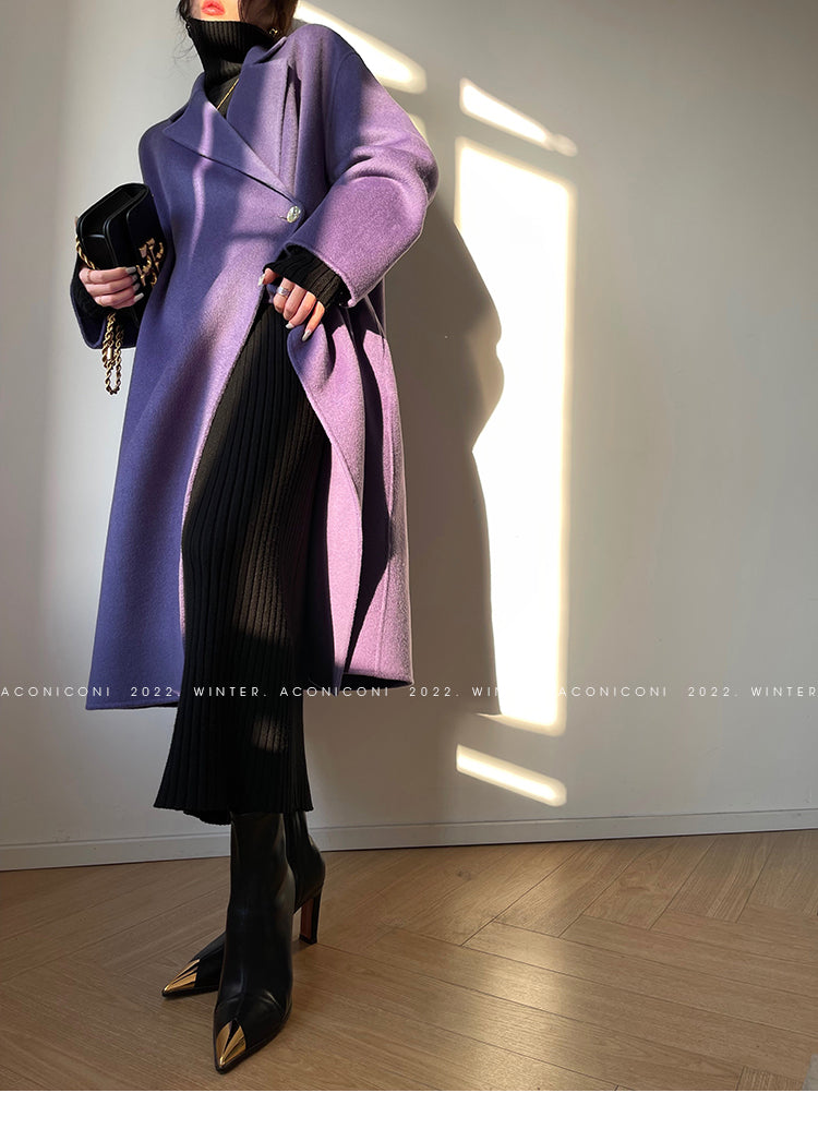 Aconiconi Luxury Purple Lapel Long Sleeve Long Straight Winter Coat- Taro