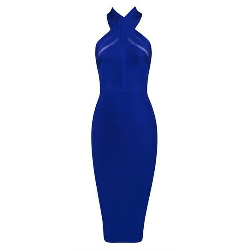 DOLLY Luxury Off Shoulder Halter Neck Bandage Midi Dinner Date Dress-OLAH