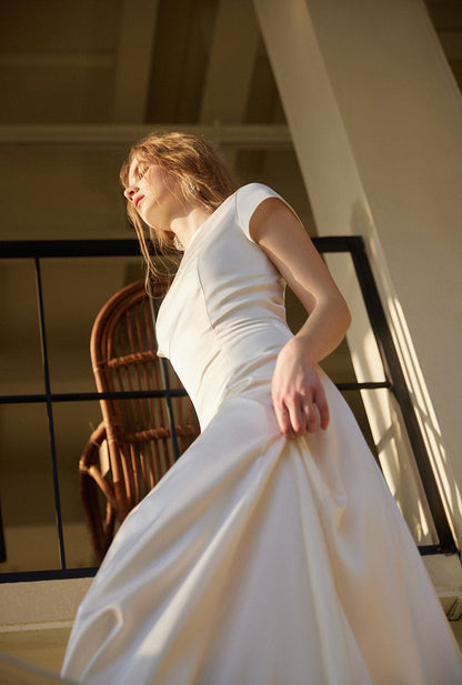 GOUDIN bridal short sleeves slim light luxury evening dress -TIAM.