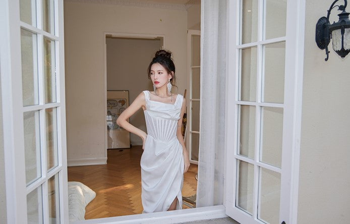 DOLLY Elegant French Style Herringbone One Shoulder Irregular Hem Dinner Dress-SALOMI