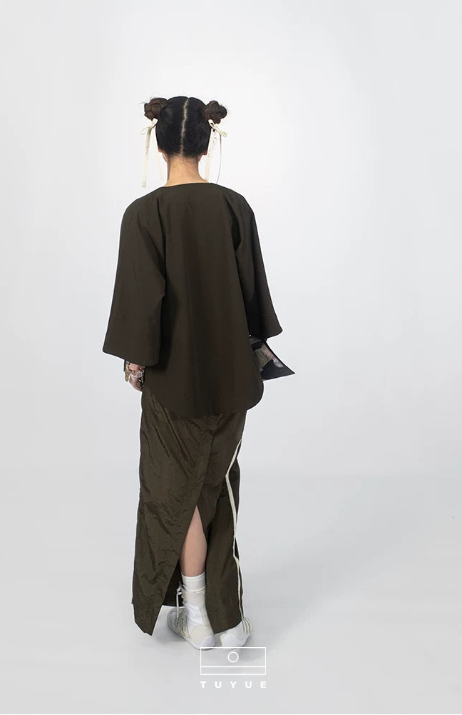 TUYUE Chinese Diagonal Buckle Ribbon Morning Robe Cropped Sleeve Top- KATARA
