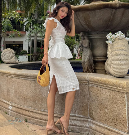 Le Palais Vintage  embroidery cotton wrap short top + high-waisted bud skirt-TEE.