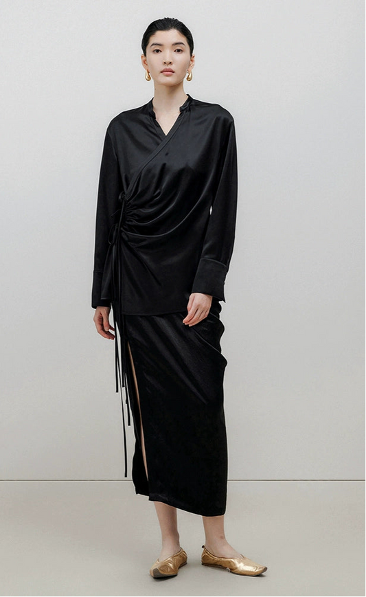 ZHUCHONGYUN black slit pleated design long skirt-OSAMU.