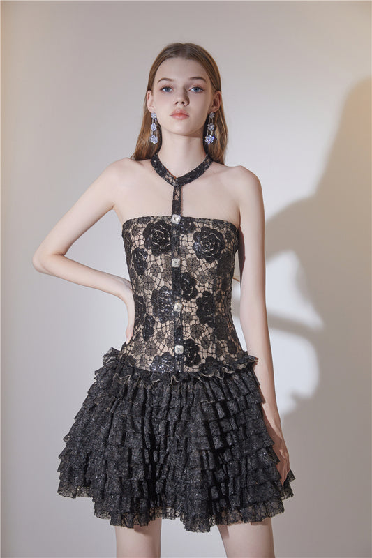 Wardrobes by Chen High End Black Halter Lace Embroidered lbd cocktail Dress-LOLO