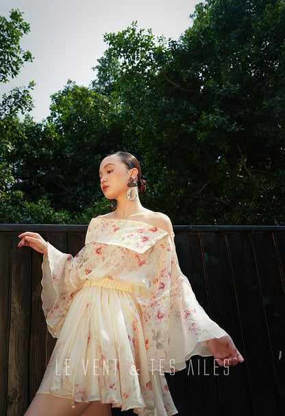 LE VENT&TES AILES Floral-print off shoulder top Skirt trousers set-RINA.