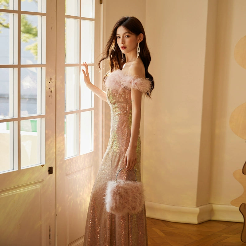 DOLLY Elegant Chest Wrap Feather Off Shoulder Long Sequin Mermaid Dress-TURA