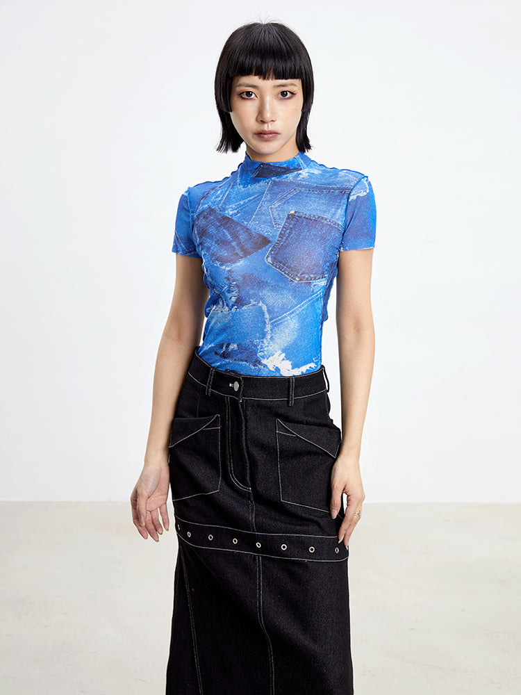TINY IN denim print sun protection mesh long short sleeve t-shirt -IHU