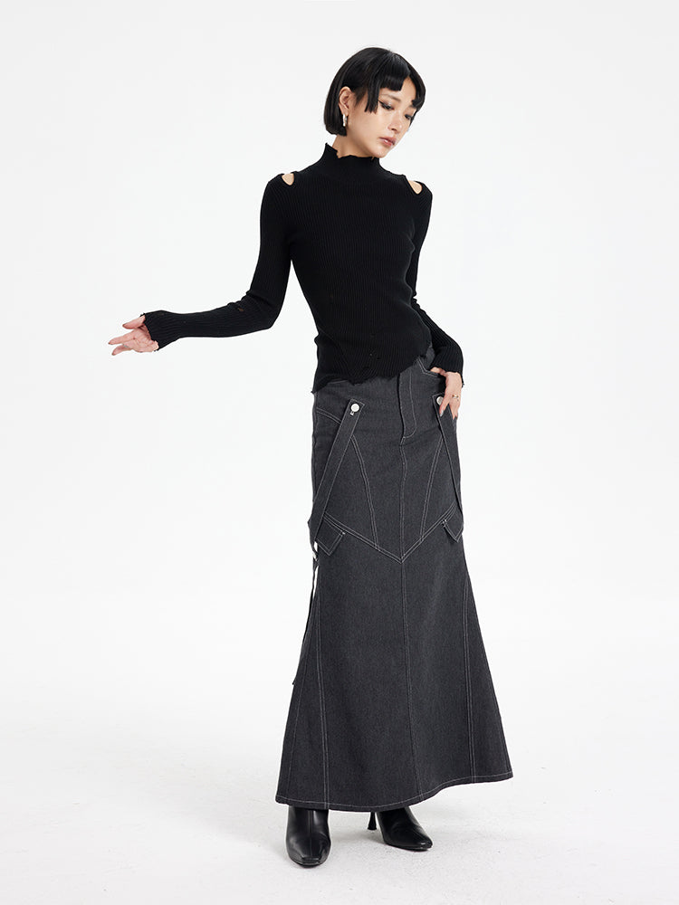 TINY IN imitation denim  lace high waist slit fishtail skirt-COCO