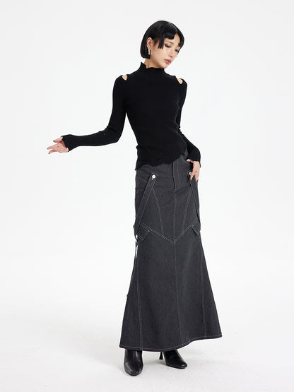 TINY IN imitation denim  lace high waist slit fishtail skirt-COCO