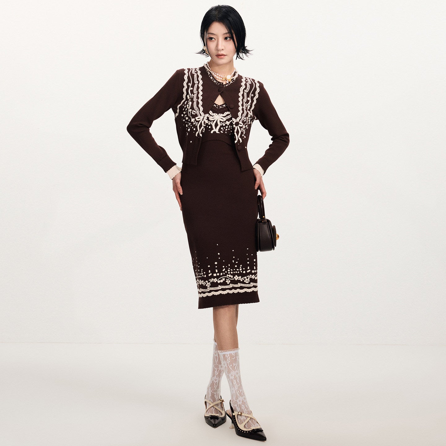 FAME  Nail Bead White Three-Dimensional Jacquard Knitted Brown Cardigan - BETTY.