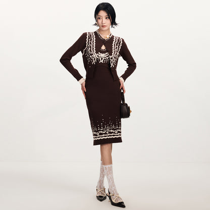 FAME  Nail Bead White Three-Dimensional Jacquard Knitted Brown Cardigan - BETTY.