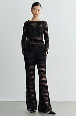 COMME MOI summer black cut-out satin panel flared pants - MADELYN.