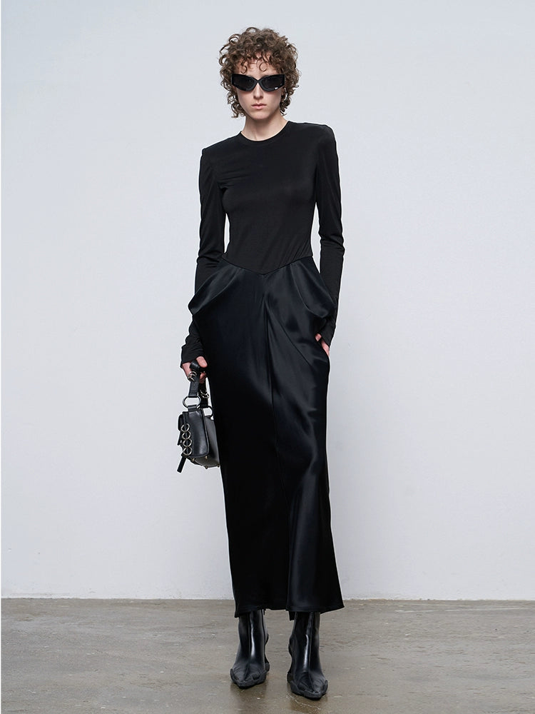 ANNAKIKI designer black acetate panel slim long-sleeved dress-JASMINE