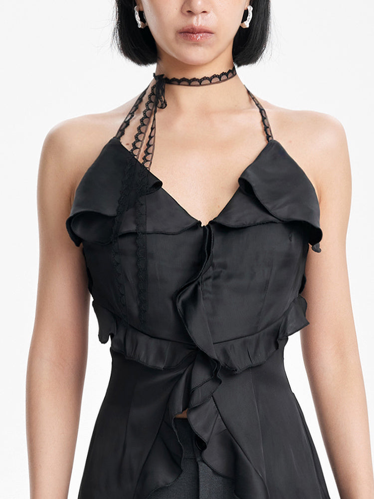 TINY IN irregular ruffled lace halter neck top- PIPI