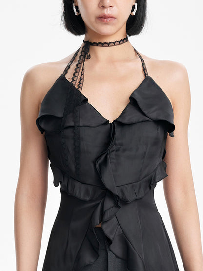 TINY IN irregular ruffled lace halter neck top- PIPI