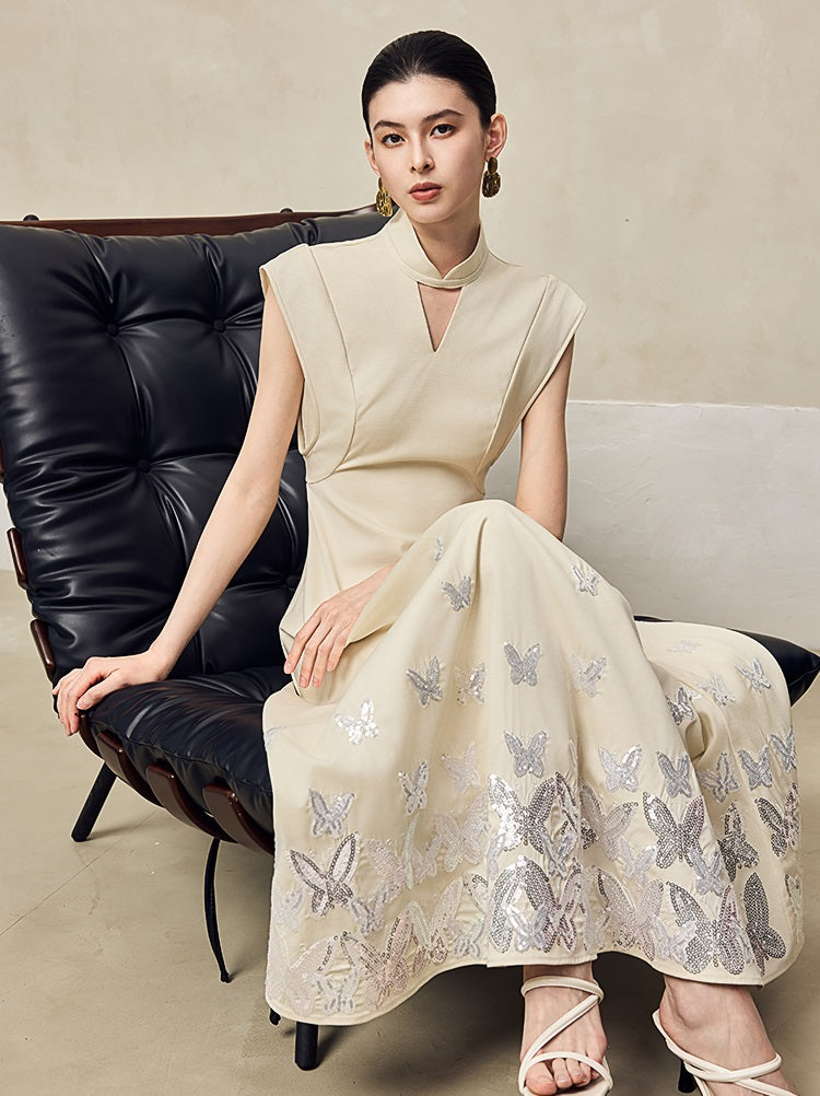 HECO Jacquard Acetate Hollow Stand Collar Thin A-line  Black White Dress Women - WEIGHT.