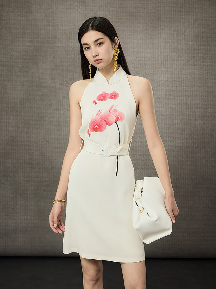 HECO Phalaenopsis Print Sleeveless Belted Short Dress  - QUITE.