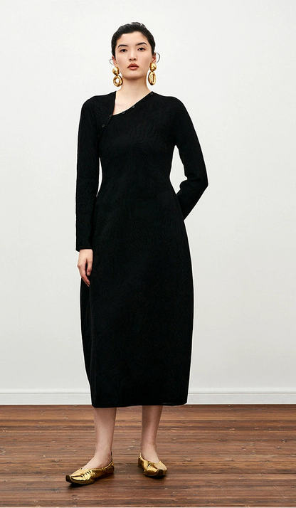 ZHUCHONGYUN Chinese winter bias placket black knit dress--ICHIMURA.