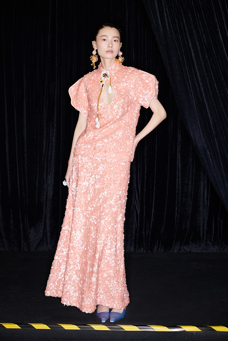 M essential Mackay designer label orange embroidered stand-up collar frame structure slim top - DEMI.