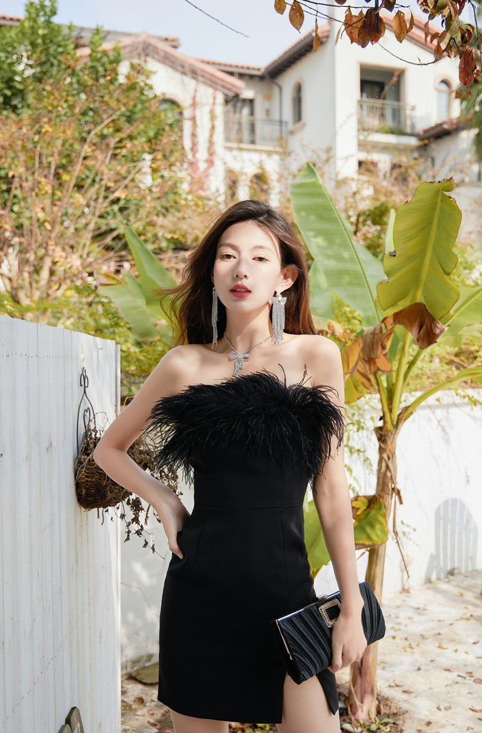 DOLLY Luxury Black/White Off Shoulder Fluffy Feather Short Slit Date Dress-JEMMA
