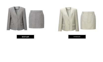 WANGXO Linen Luster Set Light-Luxury Collarless Suit & Micro A-Skirt Old Money Style- LYRAH