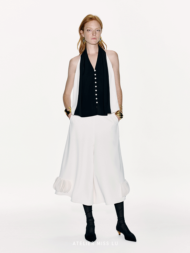 ATELIER MISS LU Cascade Disc Spliced Wide-leg Cropped Pants - PERRY.