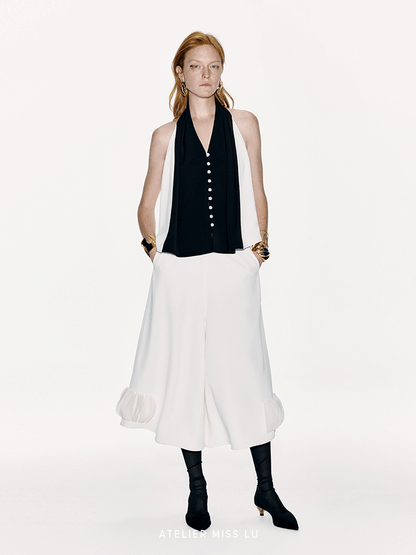 ATELIER MISS LU Cascade Disc Spliced Wide-leg Cropped Pants - PERRY.