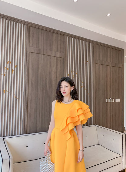 DOLLY Luxury Retro Style Crew Neck One Shoulder Ruffle Sleeves Midi Office Dress-CLAUDI