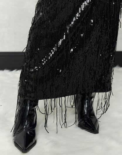 HECO 100% polyester Silver Black Sequins High Waist Slim Skirt Woman - sun.