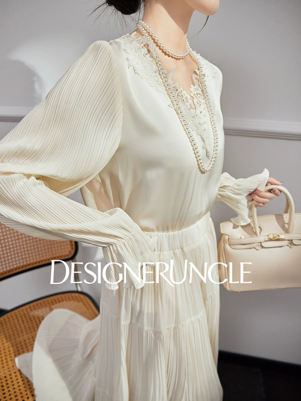DGU| Beige New High-End Ruffled Lace Stitching Design Long-Sleeved Top - RUBY.